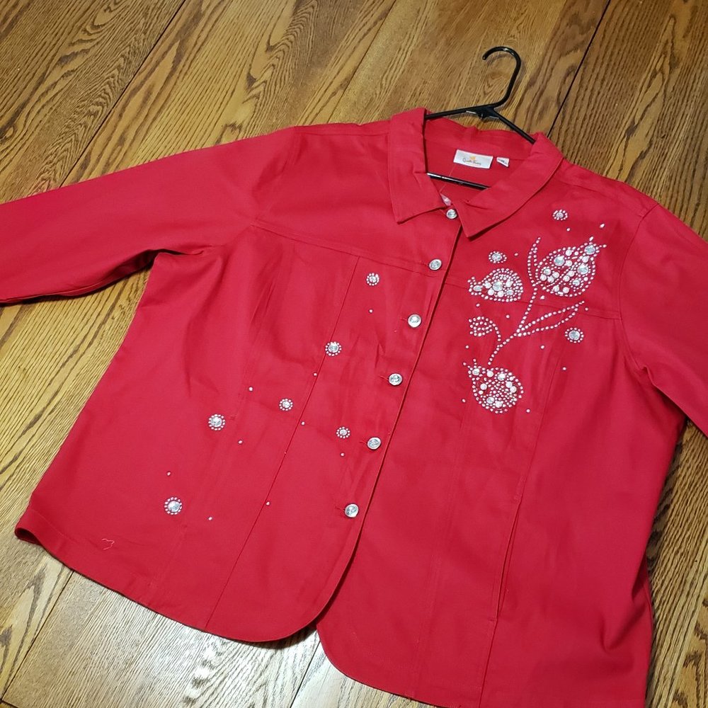Quacker Factory Sparkle & Shine Motif Jeanne Jacket, 3X, Red